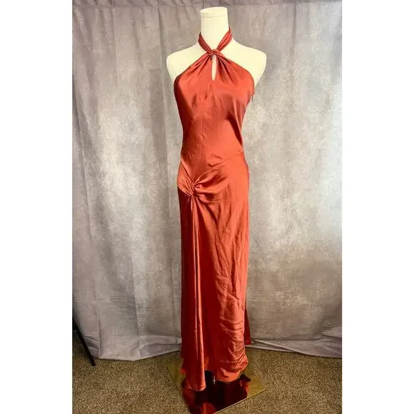ABS  Formal Halter Keyhole Gown Satin-Style Rust Prom Gala Dress - Picture 3 of 11